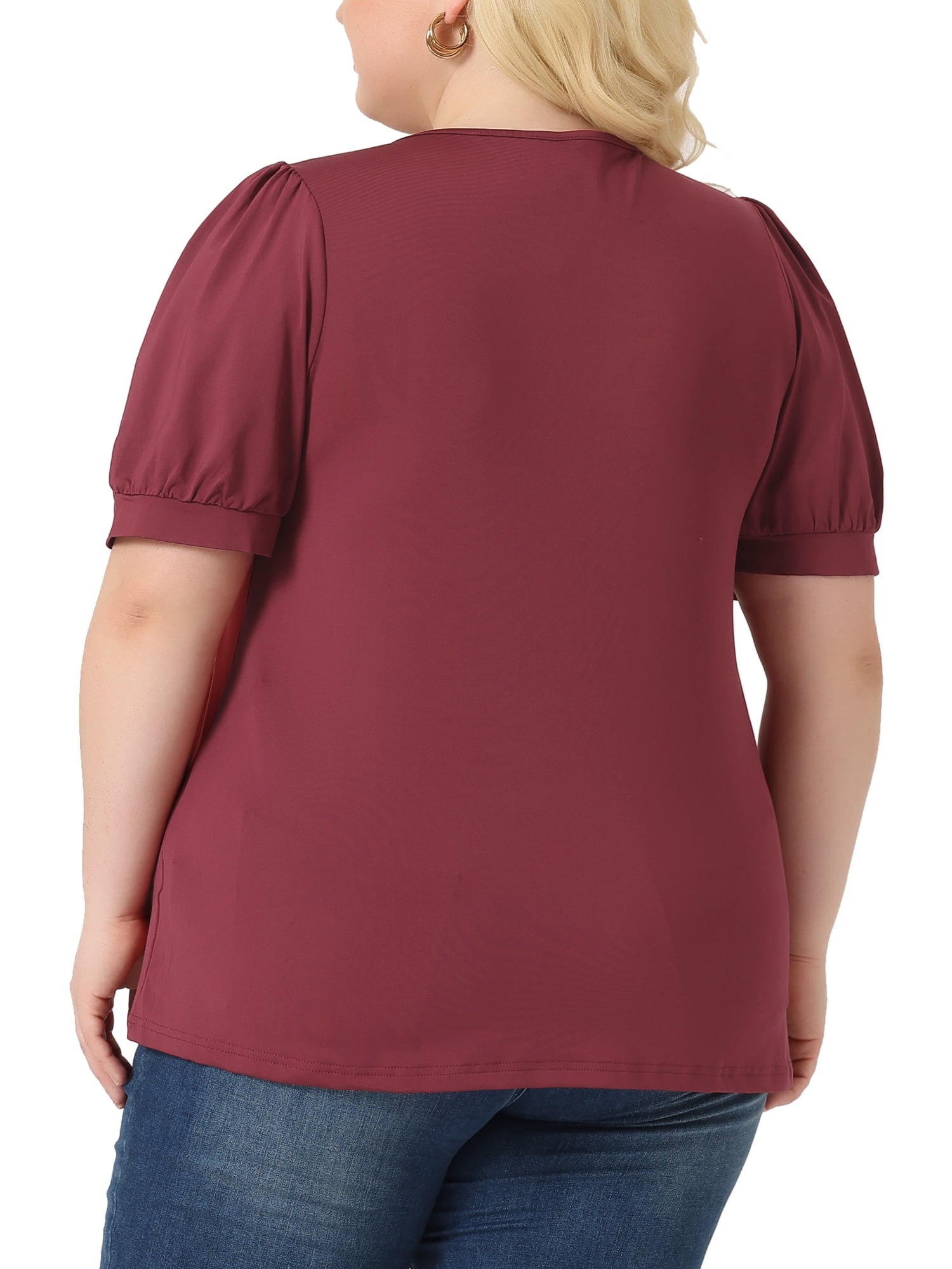 Women's Plus Top Puff Short Sleeve Tops Crew Neck Pleated Shirts Tunic Blouses 4X Burgundy