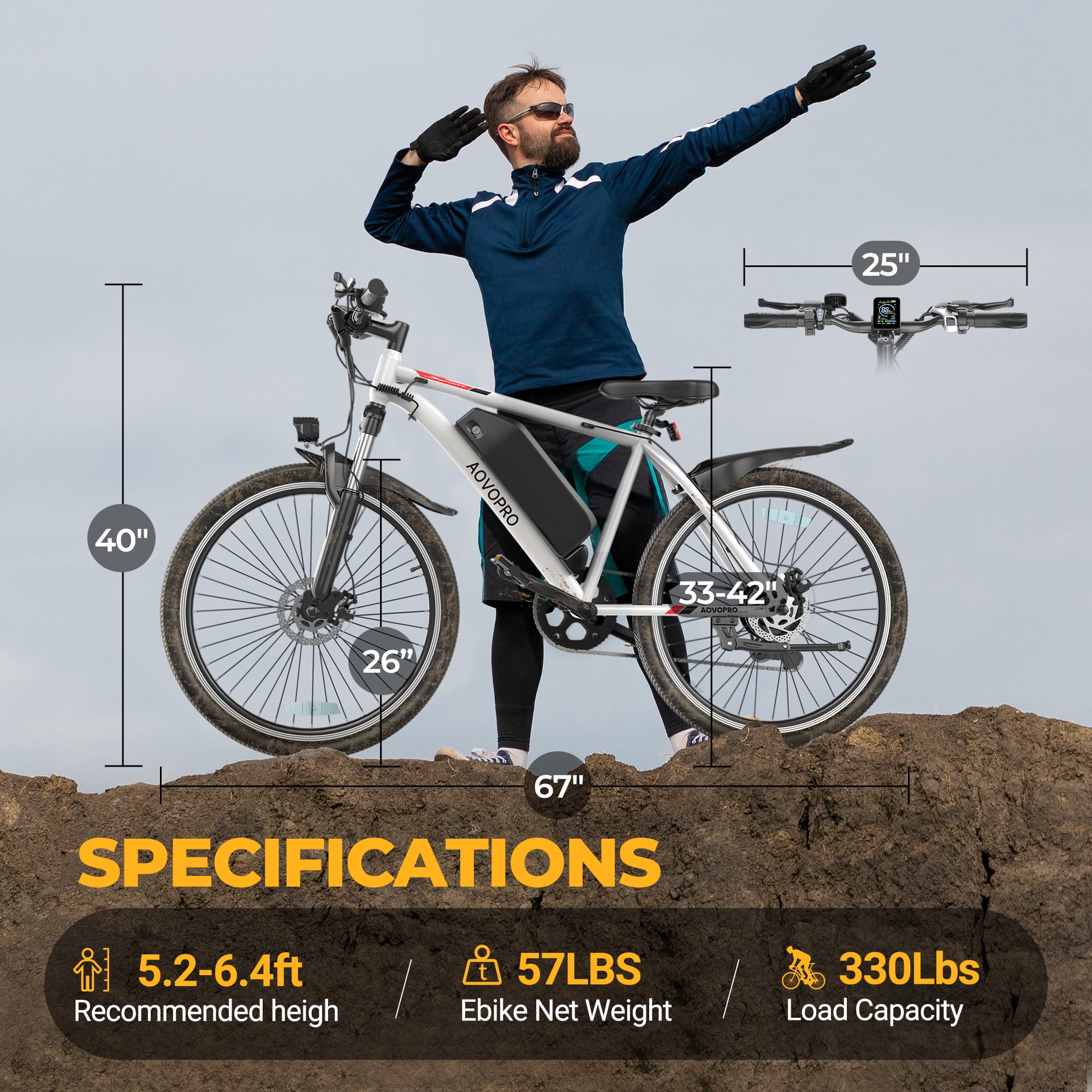 AOVOPRO BK1350 White Adult Electric Bicycles, 350W 26" Electric Mountain Bicycle, 48V Battery, 22Mph Electric Mountain Bike, Adjustable 7 Speed E-Bikes for Adults UL2849