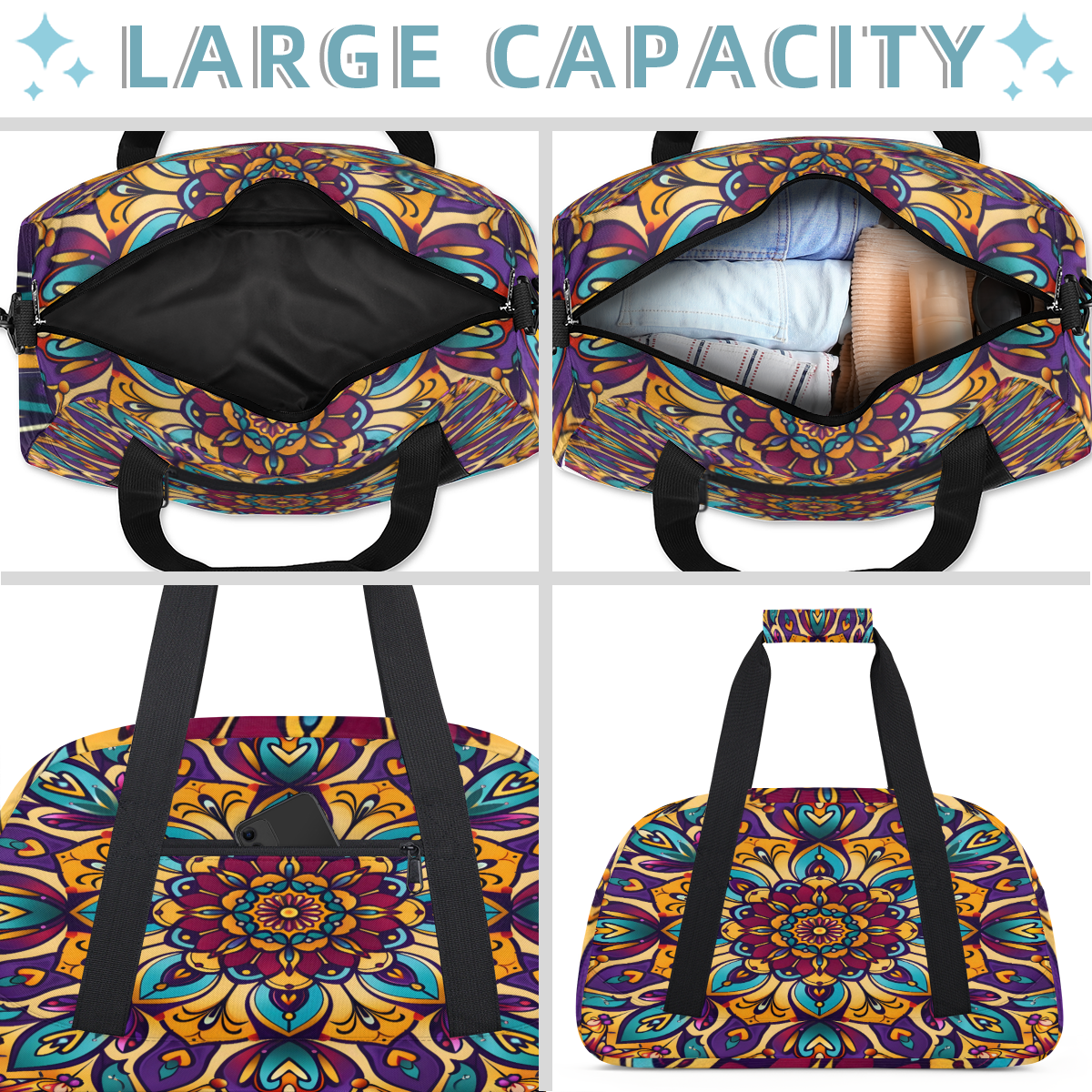 Herdesigns Sports Duffle Bags Travel Duffle Bag Gym Bag Floral Mandala Weekender Travel Bag Waterproof Overnight Bag Carry On Travel Tote Bag Dance Bags
