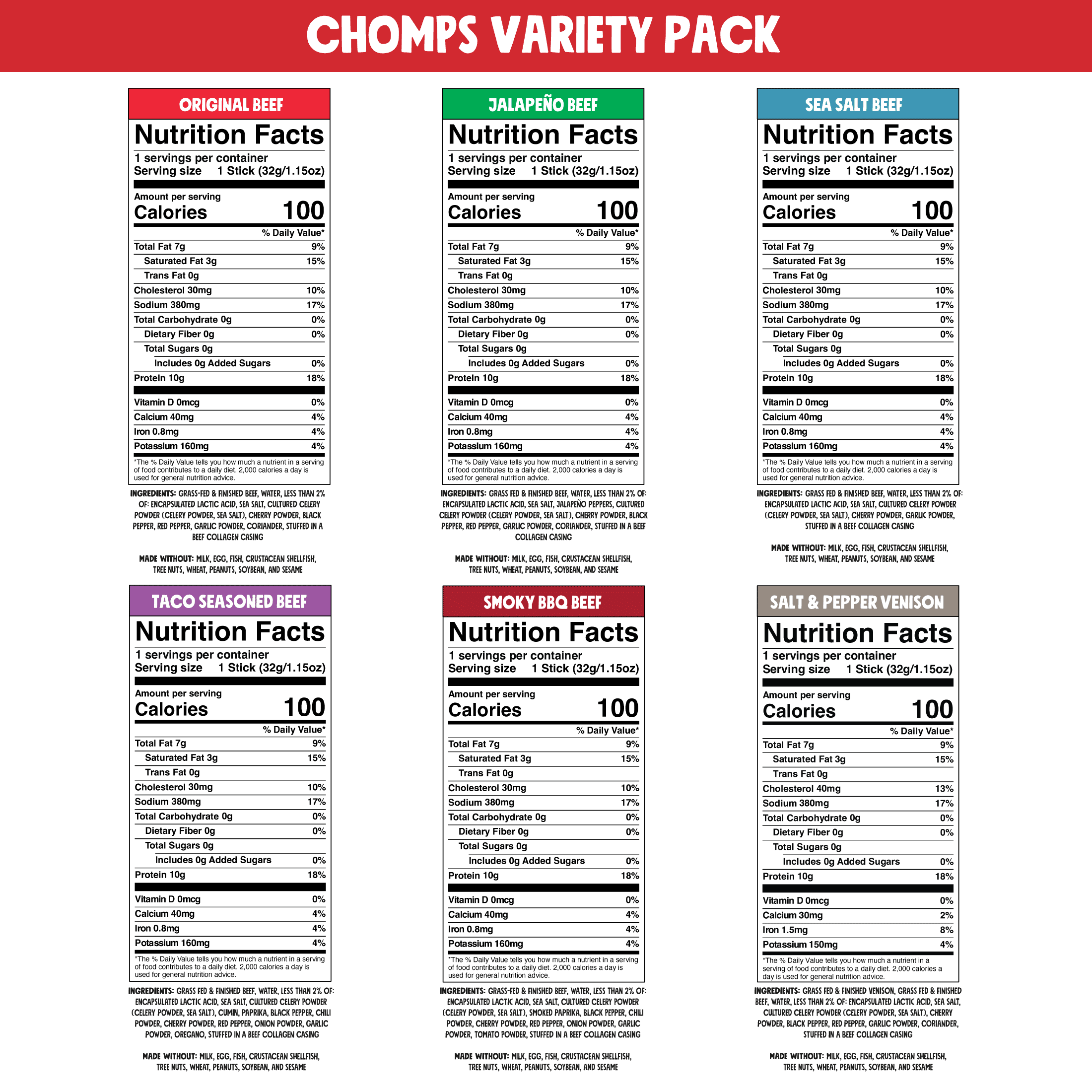 Chomps 6 Flavor Variety Trial Pack - Grass-Fed & Finished Beef and Venison