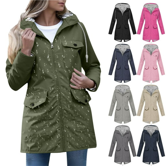 Fall/Winter Saving! HVOBTTY Women's Mid Rain Jackets, Winter Coats for Women, Women's Casual Hooded Windbreaker Outdoor Water Proof Outerwear Everyday Wear Coat with Pocket Gray, XXL
