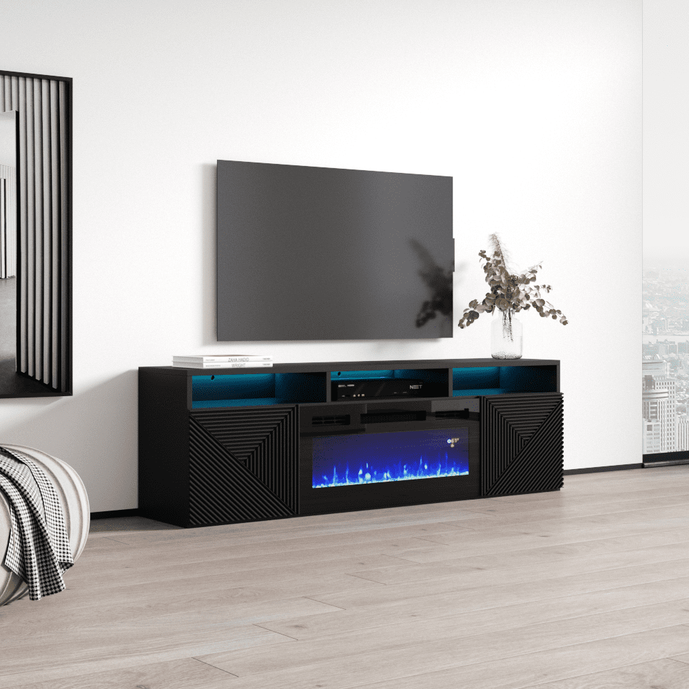 Giza BL-EF Floating Fireplace TV Stand for TVs up to 70, Modern High Gloss  63 Entertainment Center, Wall Mounted Electric Fireplace TV Media Console  with Storage Cabinets and LED Lights - Walmart.com