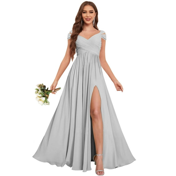 Vestido de dama de honor Fu Jiang, plateado, talla grande, cuello en V