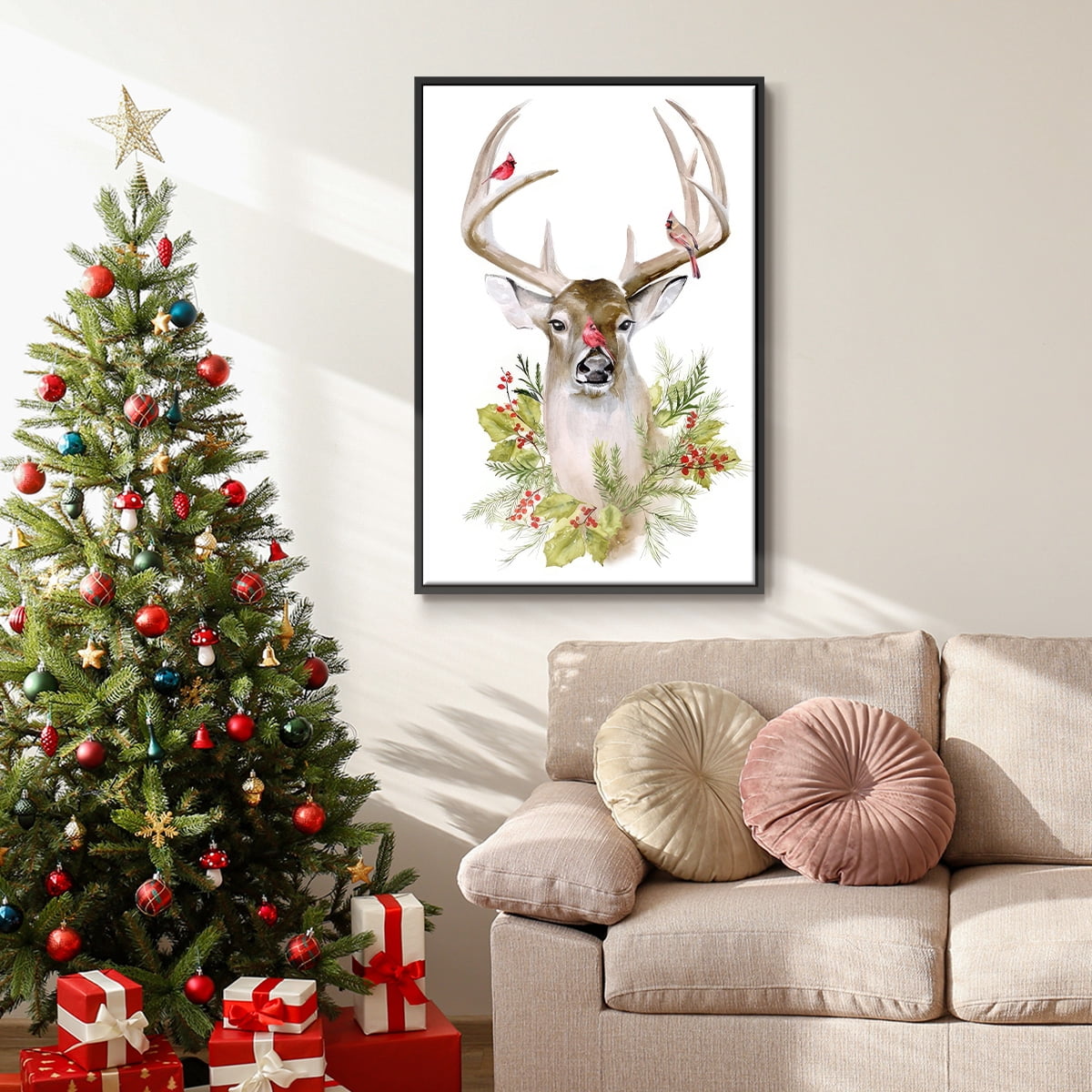 Holiday Deer Collection B - Framed Gallery Wrapped Holiday Canvas - 17 x 25 - Black Frame