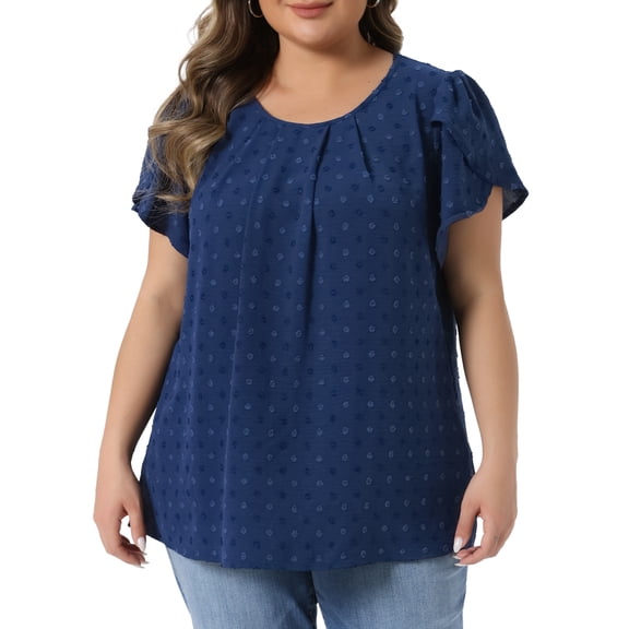 DARING DIVA Women's Plus Swiss Dot Crew Neck Tulip Top 1X Blue