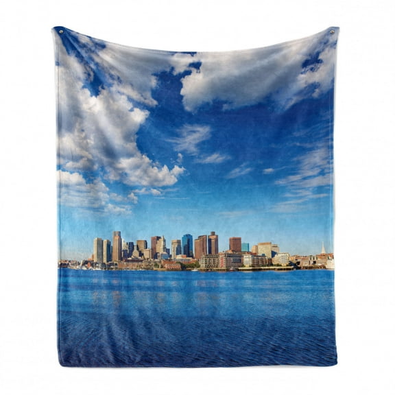 Massachusetts Soft Flannel Fleece Throw Blanket, Photograph with City Skyline of Boston in Sunny Summer Day Print, Cozy Plush for Indoor and Outdoor Use, 50" x 70", Blue and Multicolor, by Ambesonne