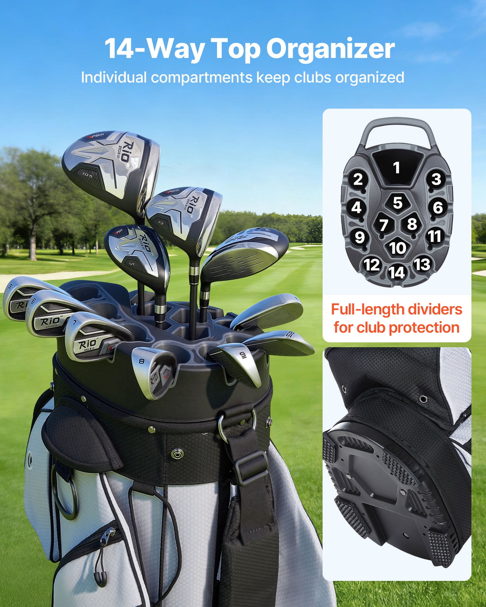 VEVOR Golf Cart Bag, 14 Way Top Divider Organizer, Golf Club Bag with Full-length Divider, Handles, Storage Pockets, Shoulder Strap, Rain Hood, Smooth Zippers, Lightweight Polyester for Men & Women