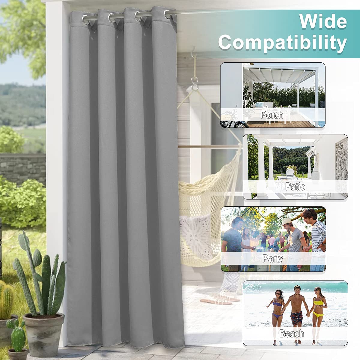 Lapalife Outdoor Curtains for Patio Waterproof Grommet Anti-Tickling Patio Curtains Light Blocking Privacy for Porch, Pergola, 52"x 108", Light Gray, 1 Panel