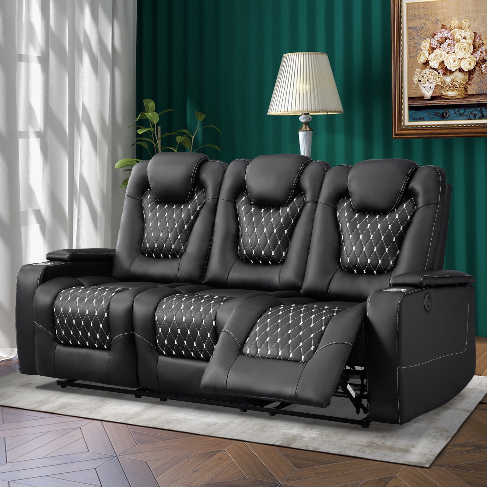 Bonzy Home Theater Recliner Chair Sofa, PU Leather 3 seat Power Recliner Sofa with Cup Holders, USB Ports, Black