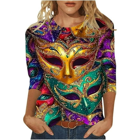 FYEGRE Carnival Print V Neck Short Sleeve T-Shirt For Women Soft Breathable Casual Daily Wear Fashion Tee Green L