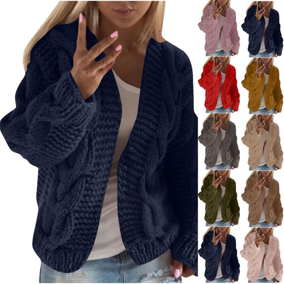 Hueook Chunky Knit Cardigans Sweaters for Women Thick Casual Long Sleeve Cardigan Sweater Jacket Khaki M