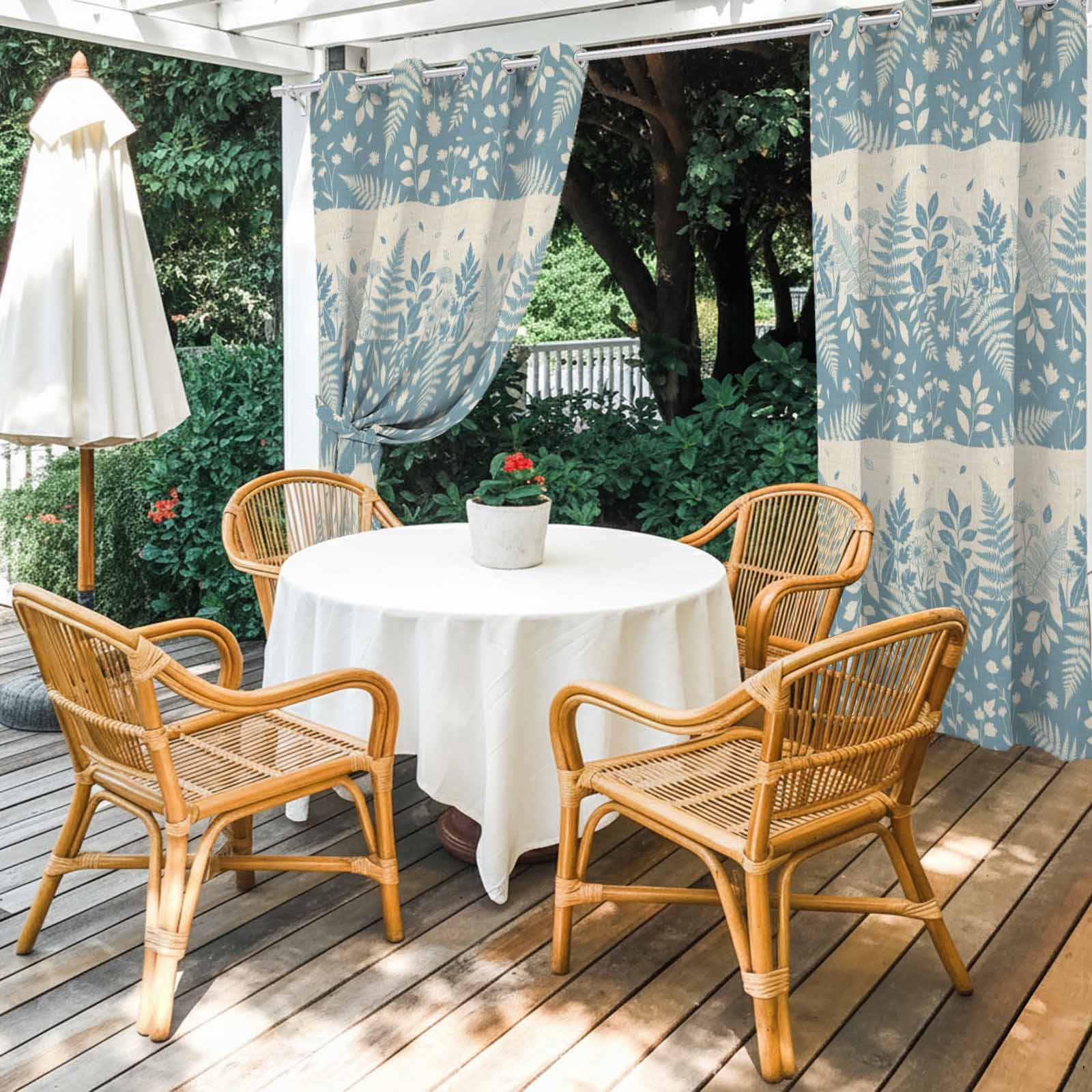Spring Ferns Outdoor Curtains for Patio, Country Blue Floral Leaf Linen Texture Sunshade Privacy Drapes Grommet Waterproof Outside Curtains for Porch/Cabana/Balcony 54"x 84", 2 Panel