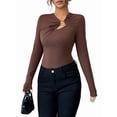 thumbnail image 2 of Women's Metal Ring Long Sleeve Asymmetrical Neck T Shirt Slim Fit Ruched Going Out Tops Brown XXL, 2 of 8