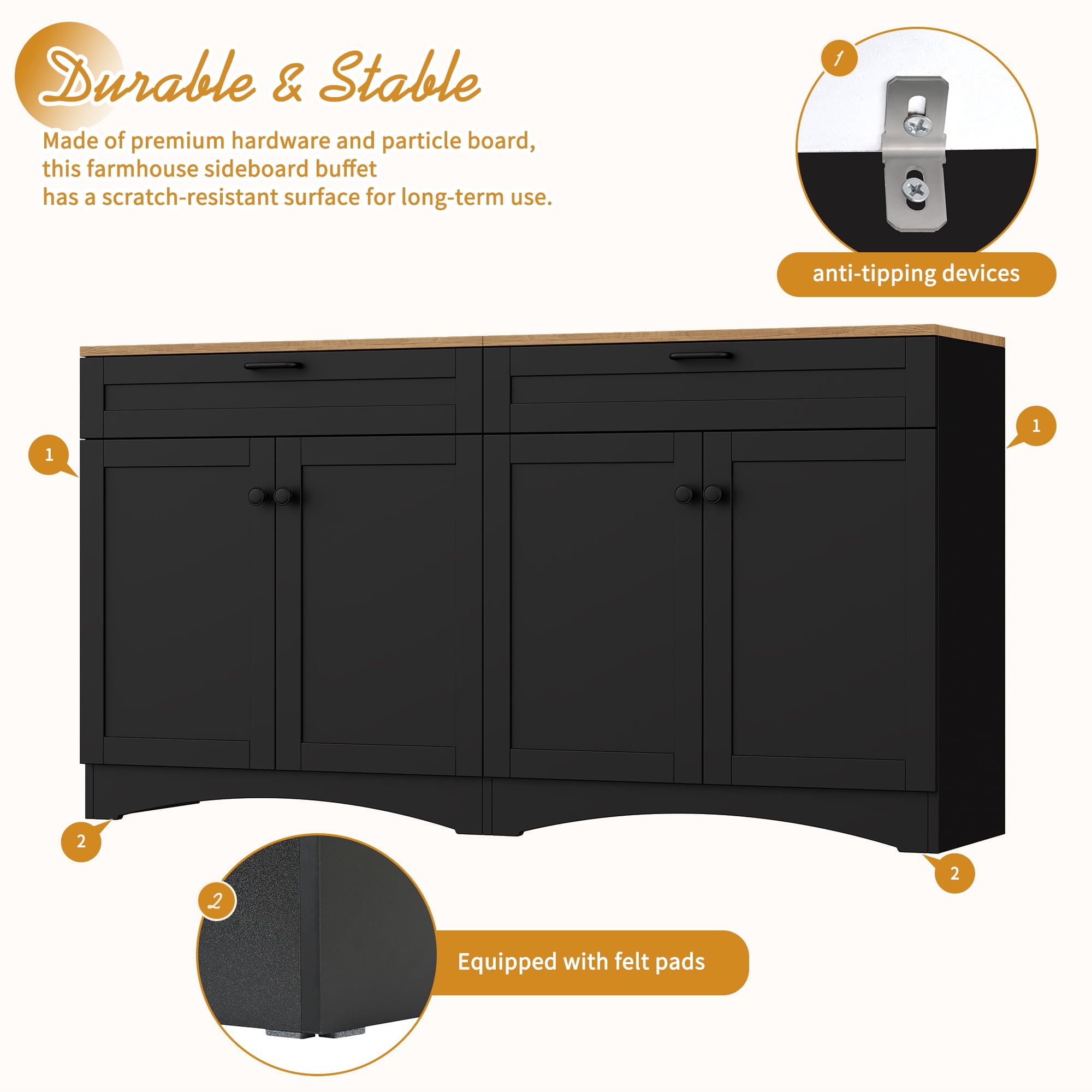 Aukfa Farmhouse TV Stand for TVs up to 70 for Living Room,Wood Sideboard Buffet Cabinet,Black