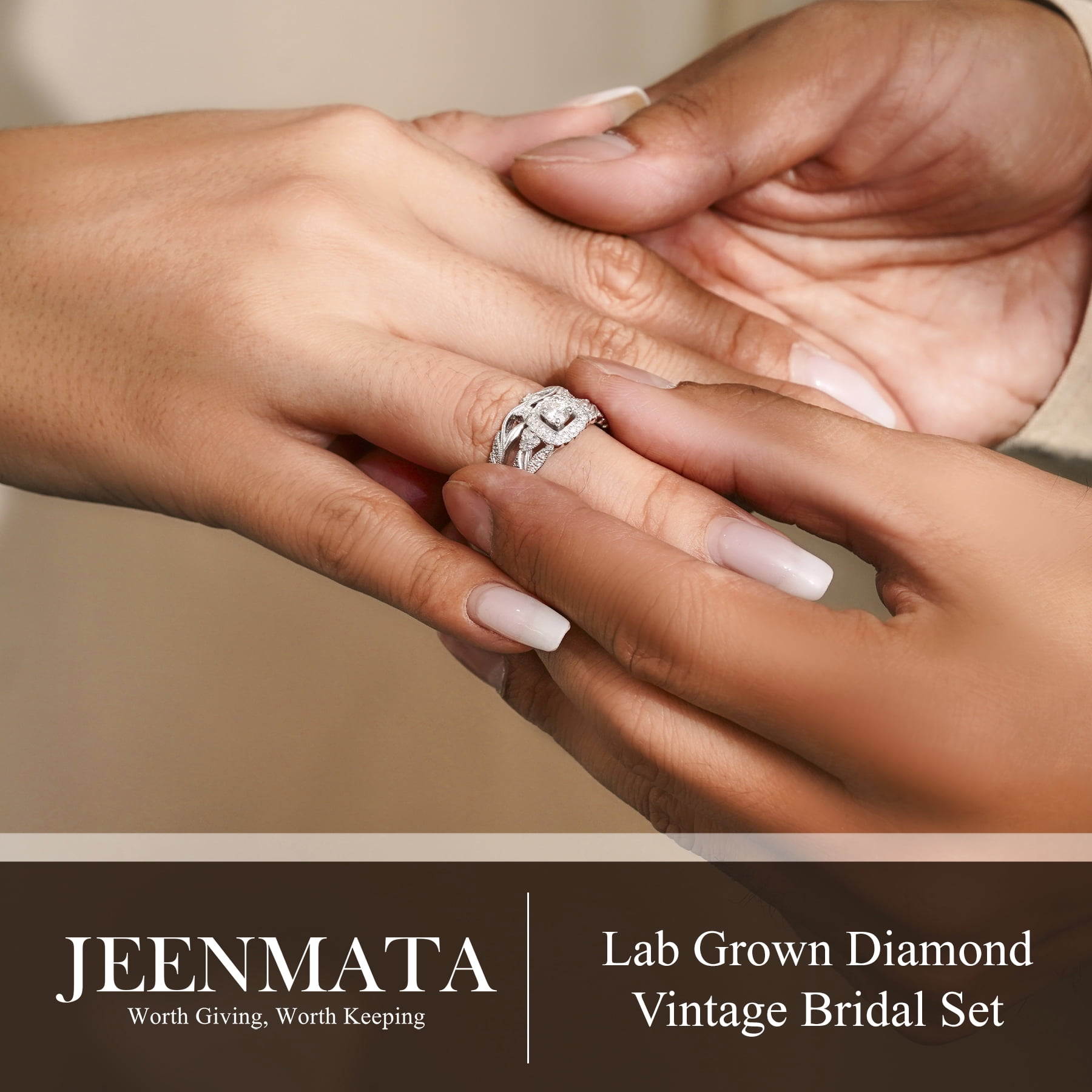 JeenMata Round Cut Lab Grown Diamond - Art Deco Style - Wedding Ring Set in 18K White Gold Plating for Women