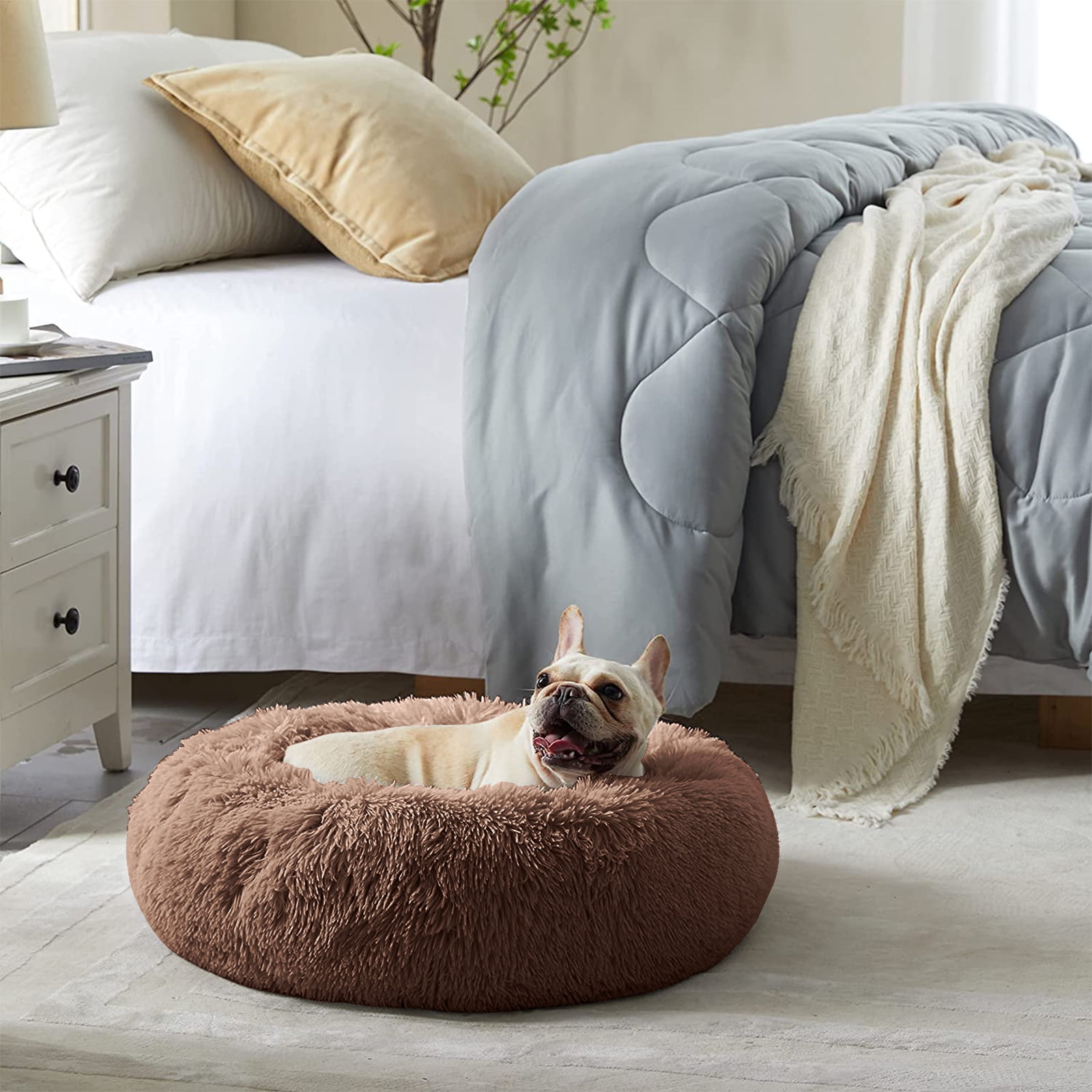 Nisrada Calming Donut Dog Bed Anti-Anxiety, Self Warming, Cozy Soft Plush Round Pet Bed, Ideal for Both Home & Travel, 20"L x 20"W x 8"H
