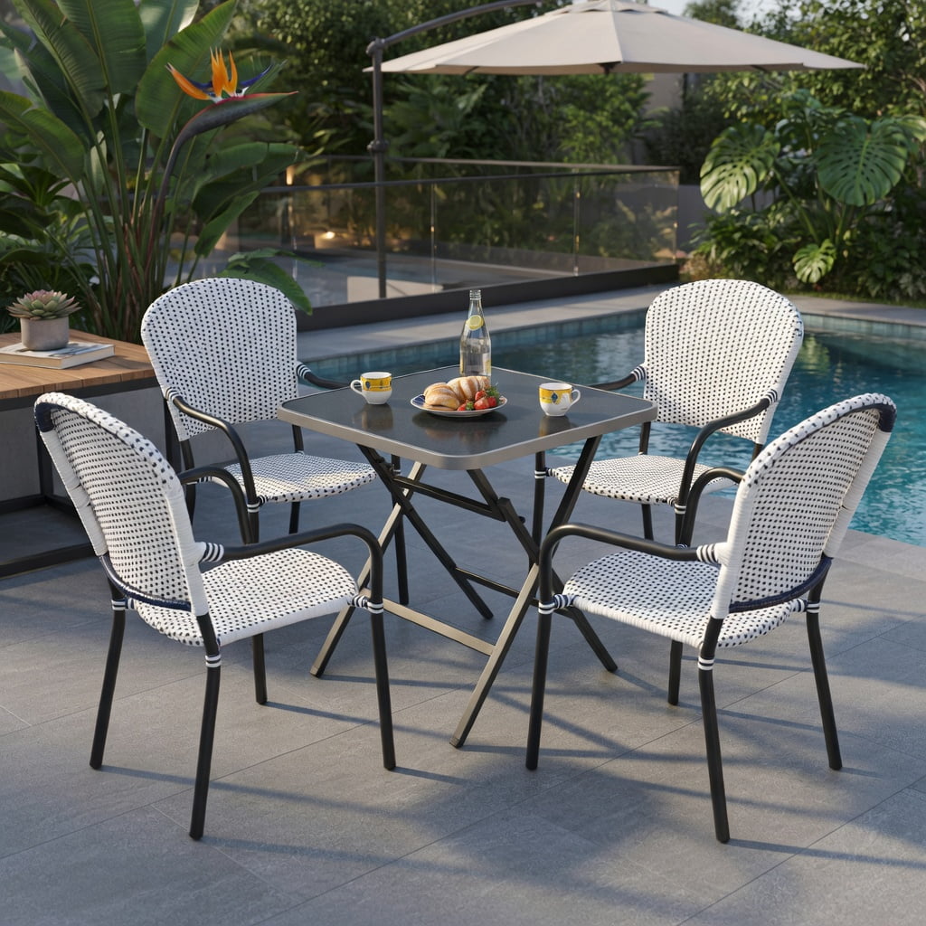Hommoo 4-Pack Stackable Outdoor Dining Chairs, PE Rattan with Black Steel Frame, Weather-Resistant Patio Chairs for Garden, Poolside & Backyard, White