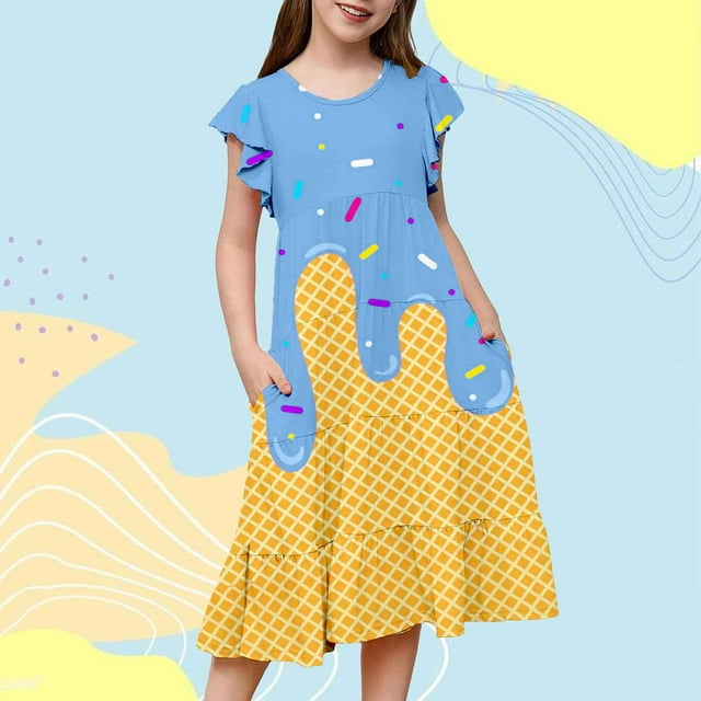 WILLBEST Vestidos Casuales para Niñas Adolescentes, Vestidos de Fiesta con Estampados de Mangas Abullonadas para Niñas, Vestidos de Fiesta de Baile para Niños 130