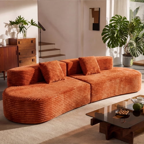 Howcool Boneless Cloud Couch 108.6", Curved Modular Compression Sofa, Deep Seat Corduroy Foam Couch, Sectional Floor Sofa in a Box, No Assembly, 4 Seater, Orange(Thick Sponge)