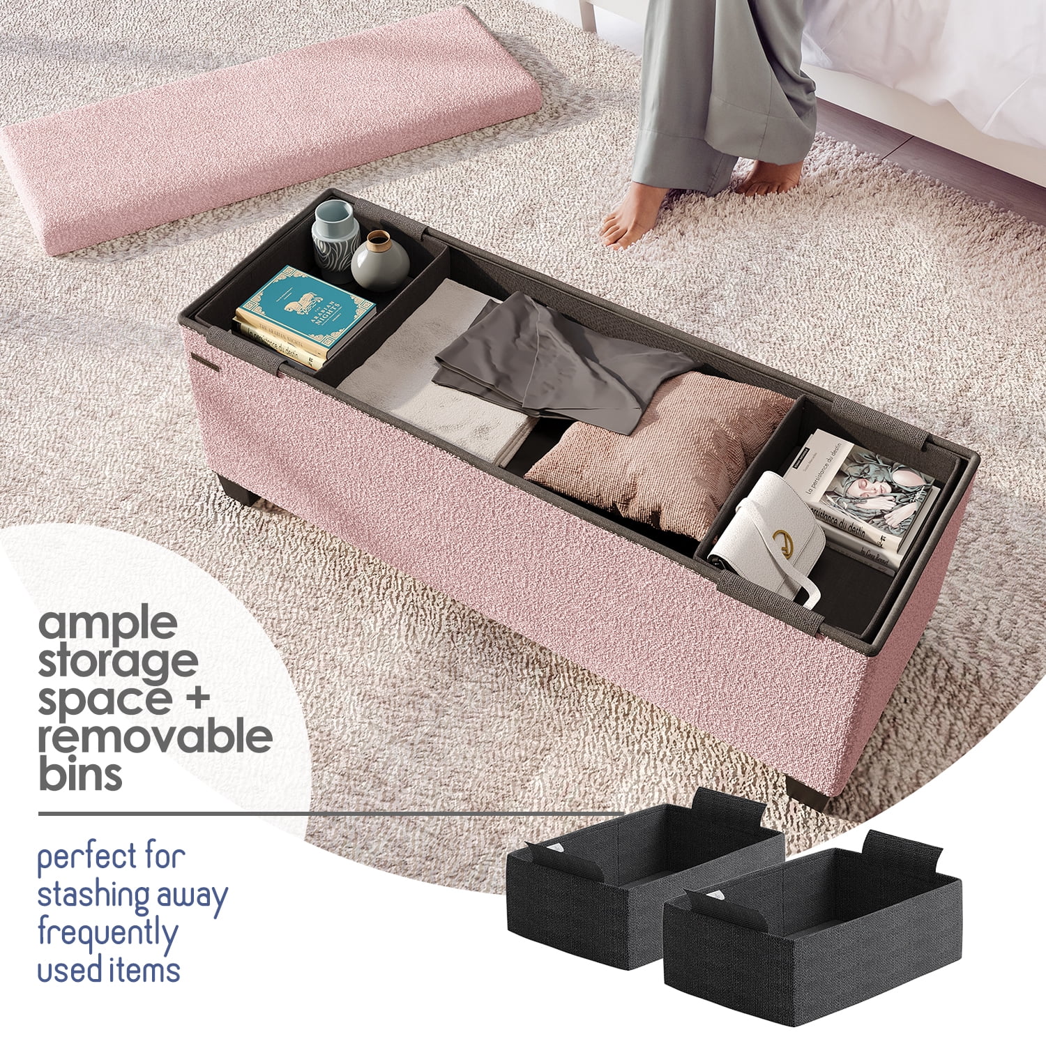 Hearth & Harbor Storage Ottoman Bench, Boucle 43" Ottoman with Storage , Pink
