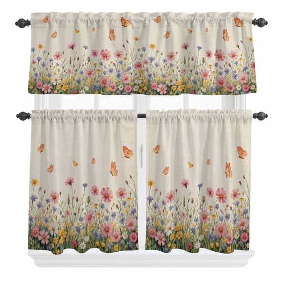 3 Piece Kitchen Curtains and Valances Set Watercolor Flowers Cafe Curtains 24 Inch Length Spring Daisy Floral Butterflly Beige Valance & Tier Curtain for Living Room Bedroom Window 54"x18" 27"x24"*2