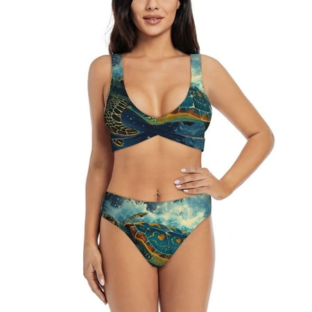 Zeuib Surfing Turtle High Waisted Tummy Control Bikini Set - Knot Front Push Up Top & Cheeky Thong Bottom  Two-Piece Swimsuit for Women-Large