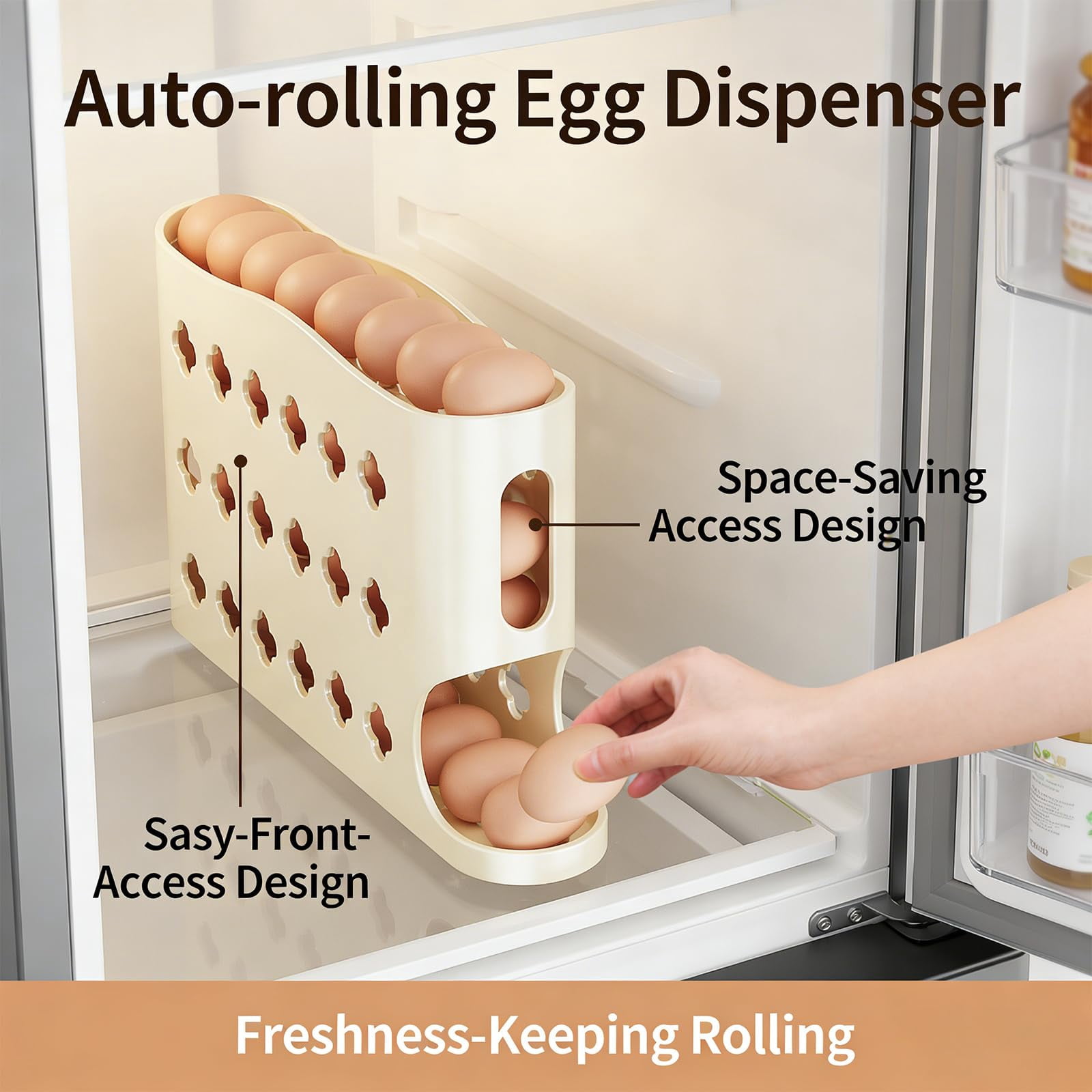 Egg Holder for Fridge, 2026 Eggs Dispenser Auto Rolling, No Assembly Required Easy Access, Save Refrigerator Space, And Prevent Egg from Breaking, Large Capacity / Holds 30 Eggs (Beige2PC)