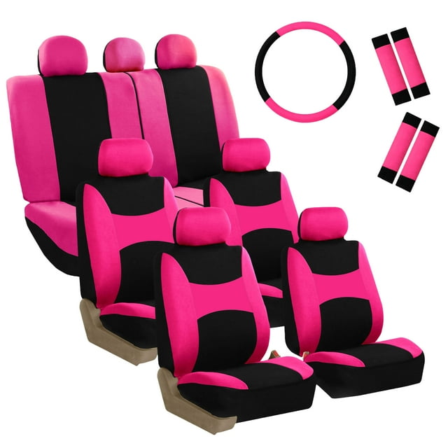 FH Group 3 rows Cloth Car Seat Covers for SUV, Sedan, Van Full Set - Universal Fit Automotive Seat Covers, Split Bench Rear Seat with Steering Wheel Cover, 4 Seatbelt Pads FB030217PINK-COMBO
