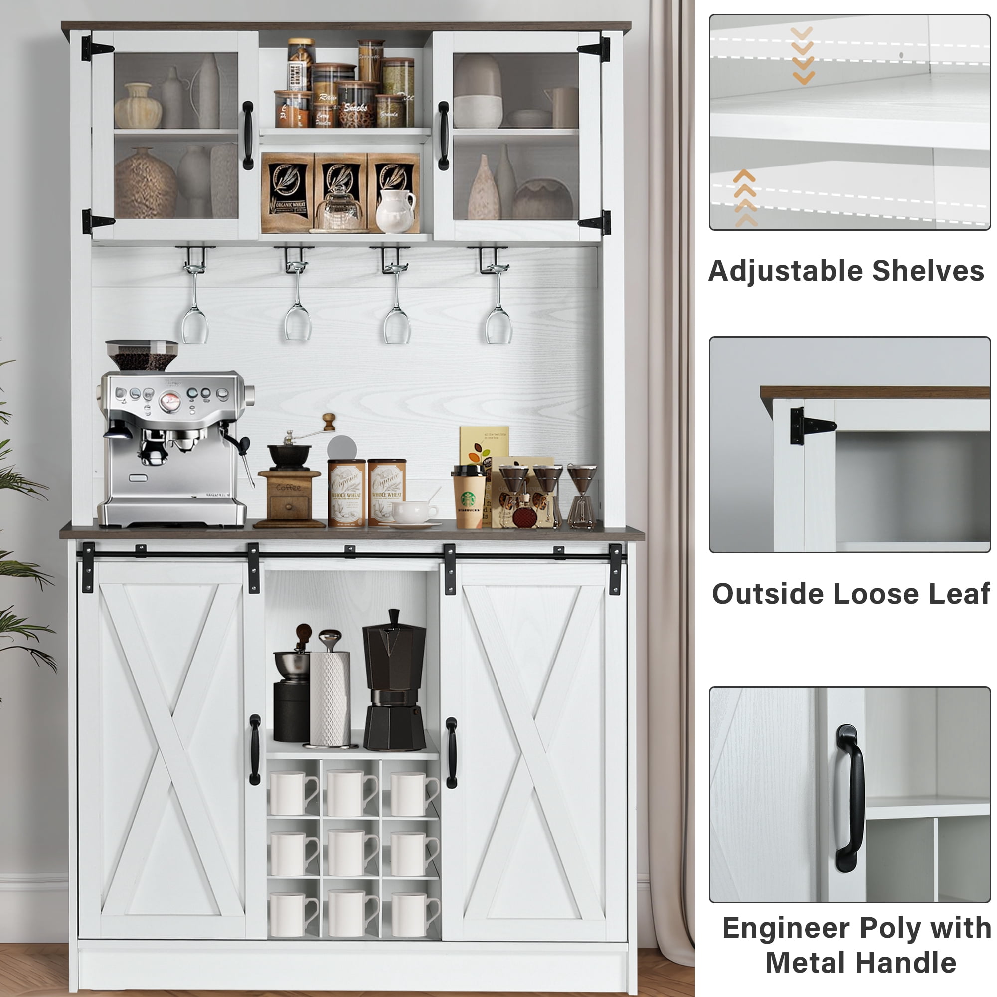 DreamCurship 72" Kitchen Pantry Storage Cabinet, Freestanding Cupboard Storage Buffet Hutch with Microwave Stand, Coffee Bar Cabinet with 9 Racks & 4 Row Wine Glass Holders, White