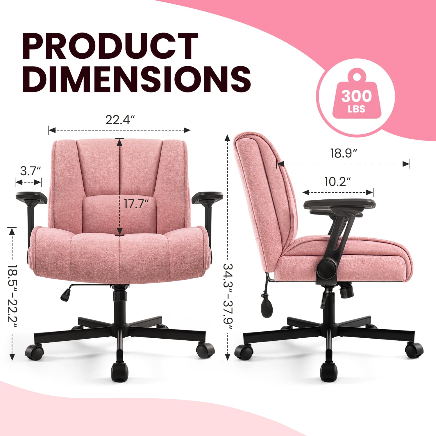 BOSSIN Criss Cross Chair with Wheels,Cross Legged Office Chair,Wide Criss Cross Chair with Flip-Up Arms & Extra-Deep Seat Thickened for Office Chair,Plush Cushion,Cute,Comfy,Pink