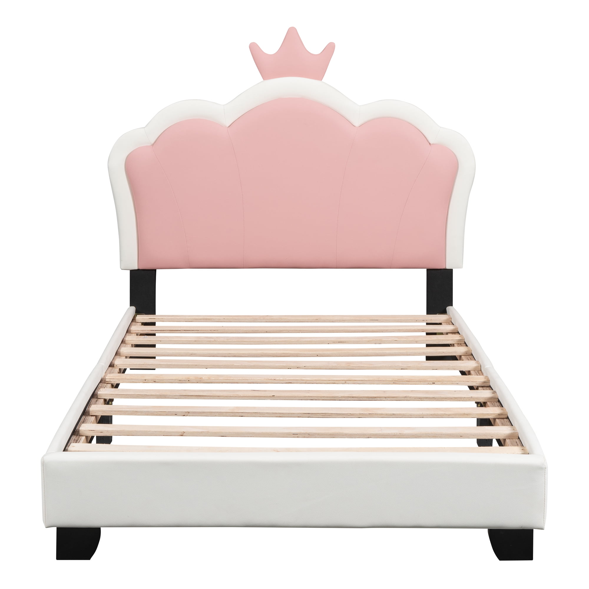 Euroco Wood Twin Size Platform Bed with Crown Headboard and for Kids, White