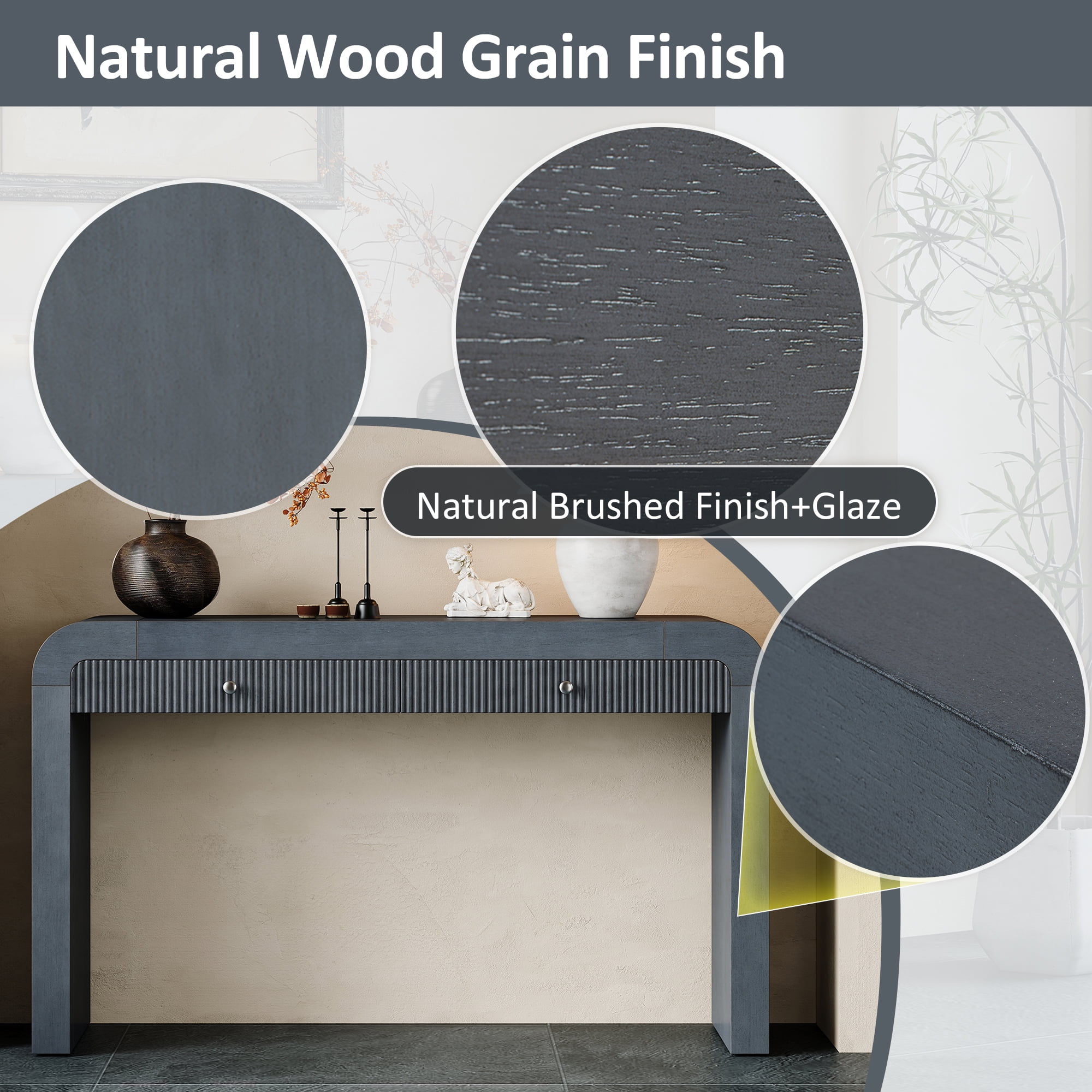 Harper & Bright Designs Wood Console Table with Storage , Flutde Entryway Table with Curved Corners for Hallway & Living Room , Dark Navy