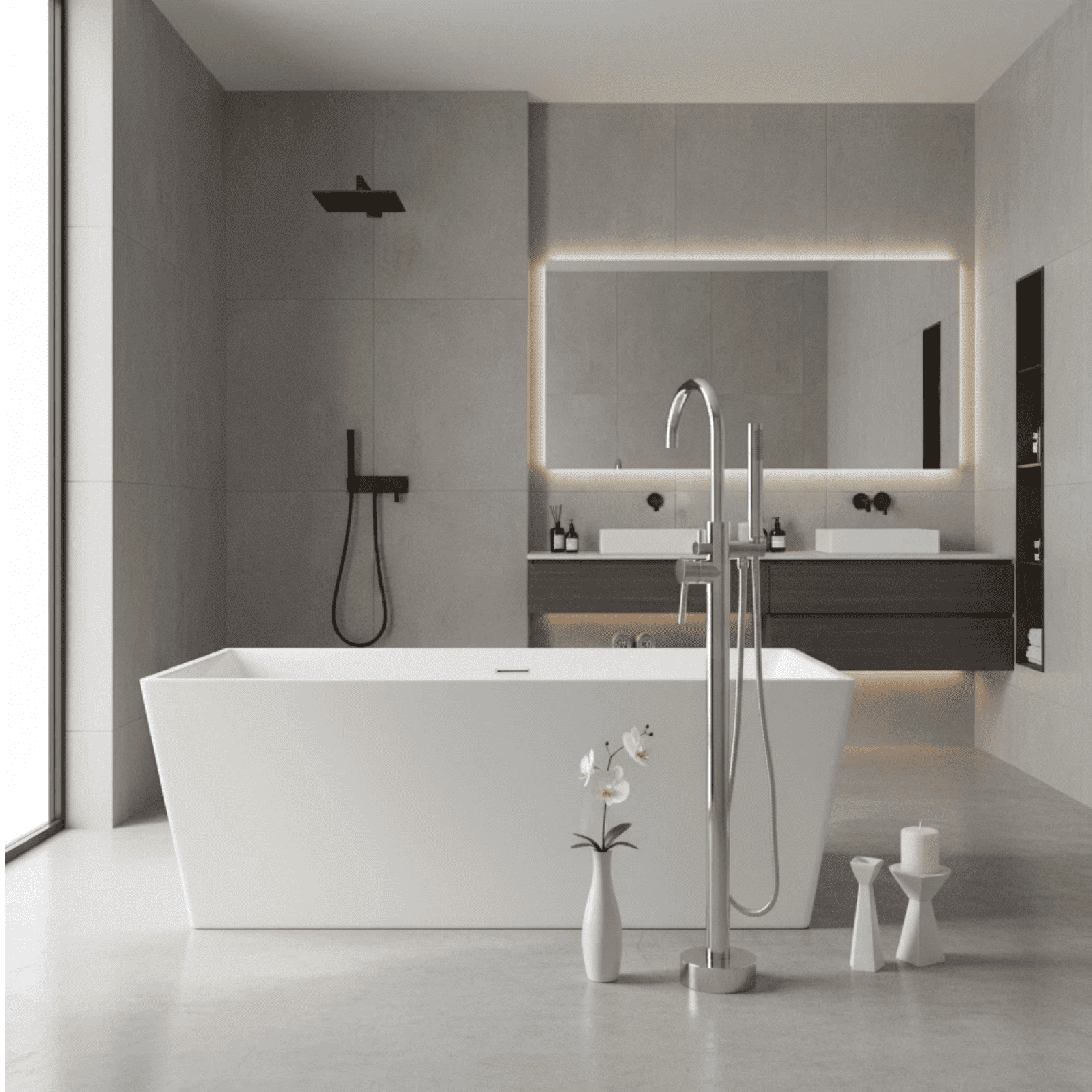 Sliver Floor Mount Bathtub Faucet, Freestanding Tub Filler with Handheld Shower, High Flow Bathroom Shower Mixer Tap with Single Handle