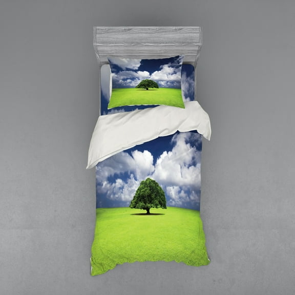 Ambesonne Nature Bedding Set 3 Pcs, Old Tree in Grass Field, Twin XL, Green Blue