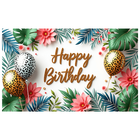 Tropical Design Happy Birthday Banner Floral Decoration Leopard Print Balloons Celebration Backdrop for Birthday Party Indoor Outdoor Kids