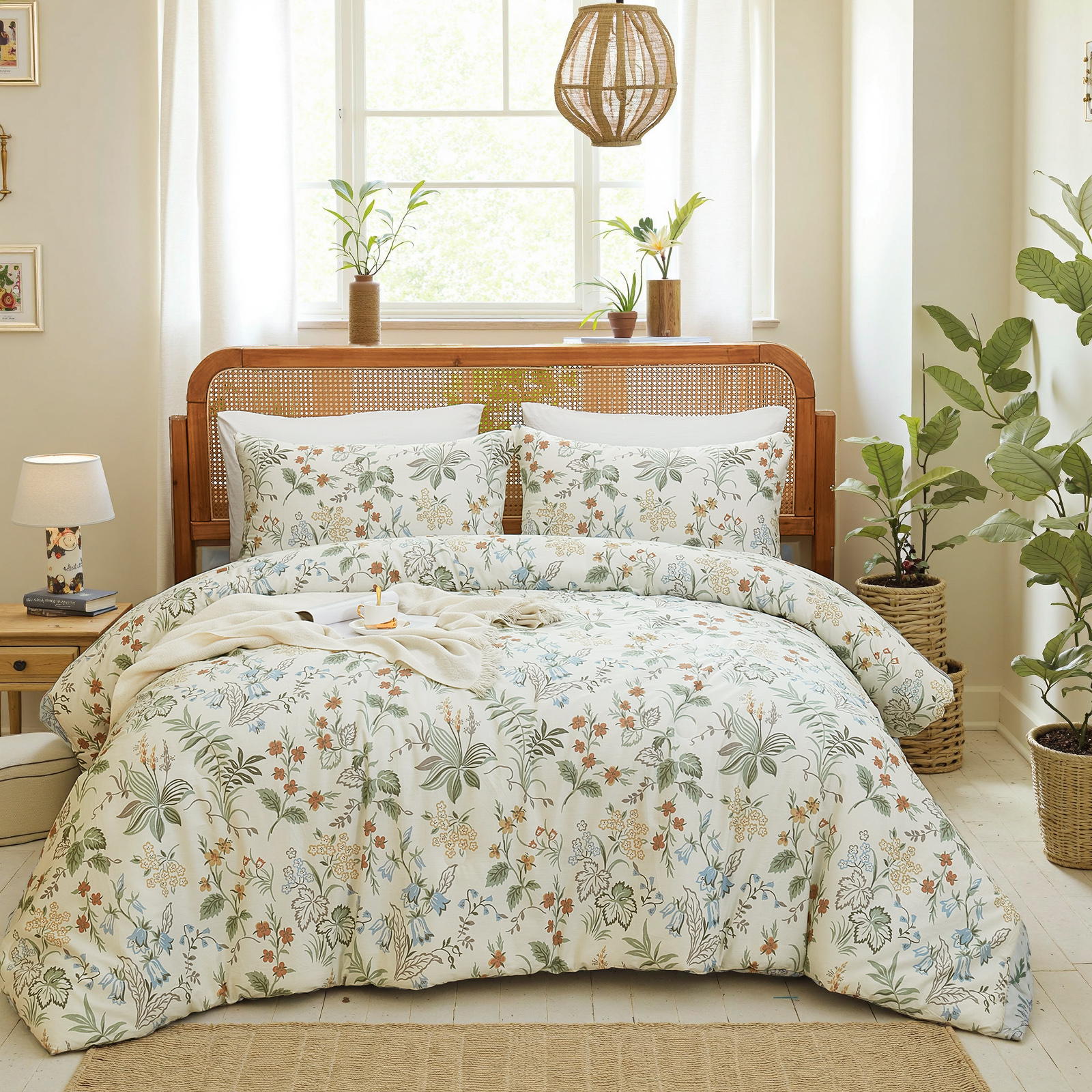 100% Cotton Comforter Set Queen Size, Botanical Floral Comforter with 2 Pillowcases, Vintage Garden Flowers Pattern, Soft Breathable Bedding for All Seasons