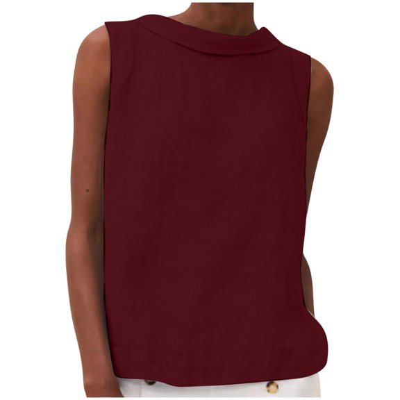 Women Cotton Linen Sleeveless Crop Tank Tops O Neck Shirt Casual Solid Color Loose Fit Comfy T-Shirt Blouse Vest