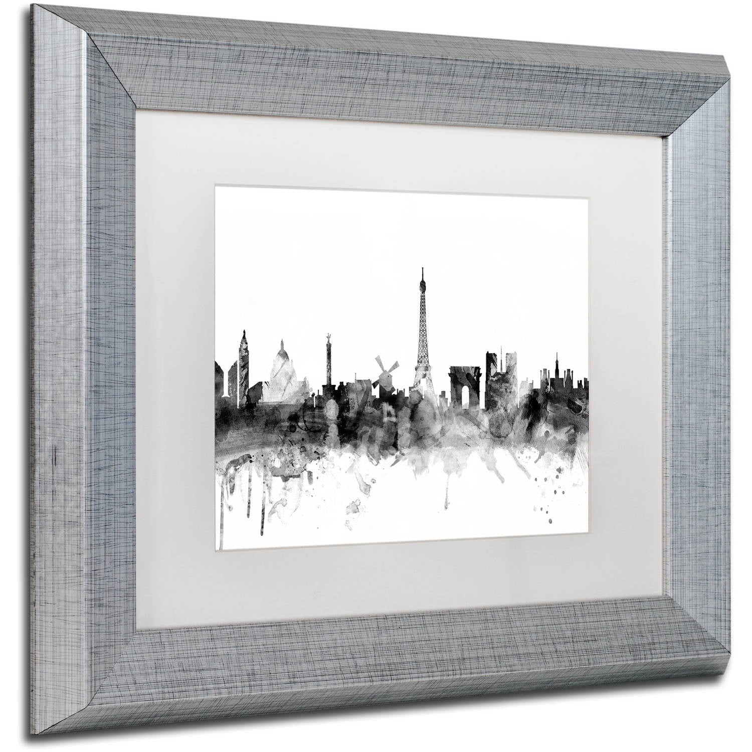 Trademark Fine Art "Paris France Skyline B&W" Canvas Art by Michael Tompsett, White Matte, Silver Frame