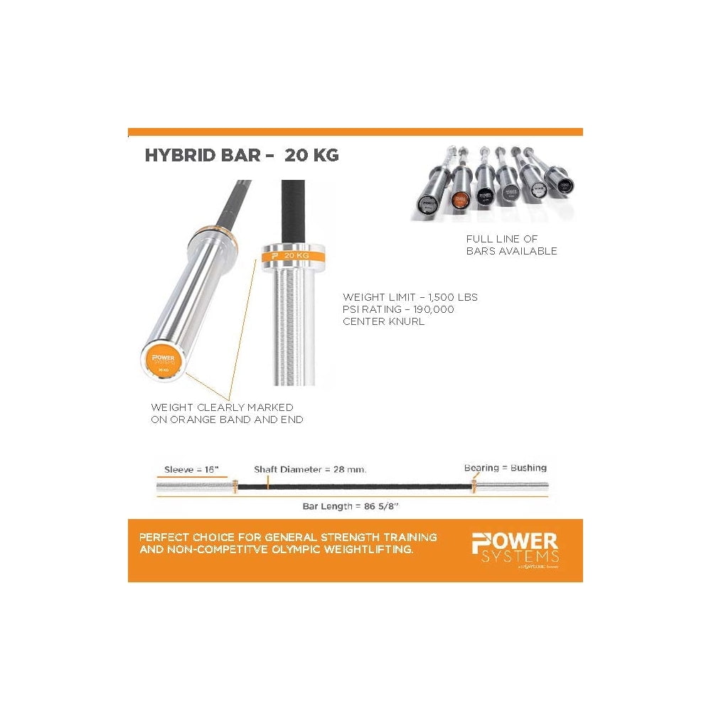 Power Systems 20kg Men’s Hybrid Olympic Barbell, 86" Black Zinc & Stainless Steel Weight Bar