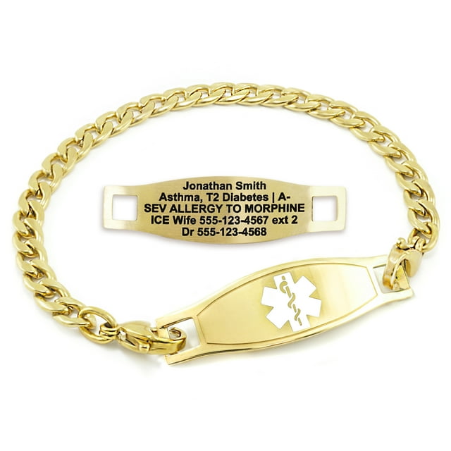 MedicEngraved Yellow Gold Stainless Steel Custom Medical Alert Bracelet - 5mm Curb Link