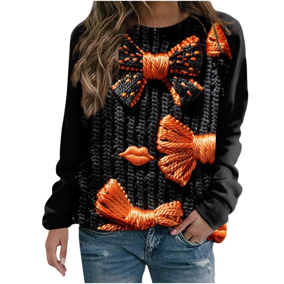 Raeneomay Long Sleeve Shirts for Women Fall and Winter Halloween Print Casual Long Sleeved Round Neck Hooded SweatShirt Tops Blouse