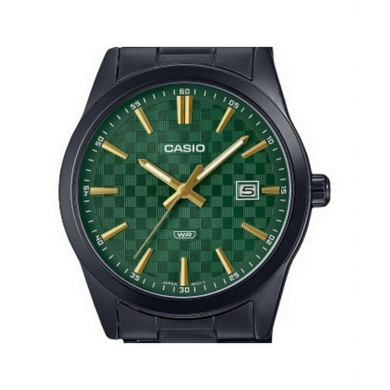 Casio Men's Black Stainless Steel Watch with Green Dial - MTP