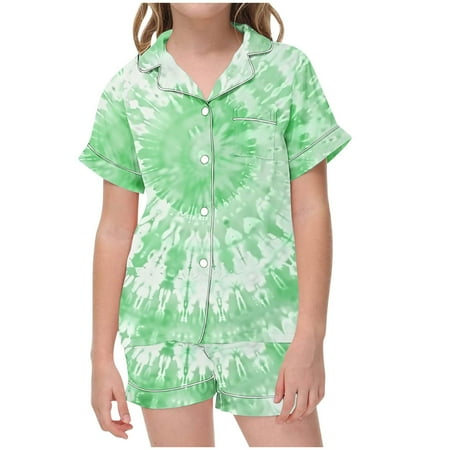 

fatyb Boys Girls 2 Piece Short Satin Pajamas Set Tie Dye Button down Collar Shirts Loungewear 2-13 Years