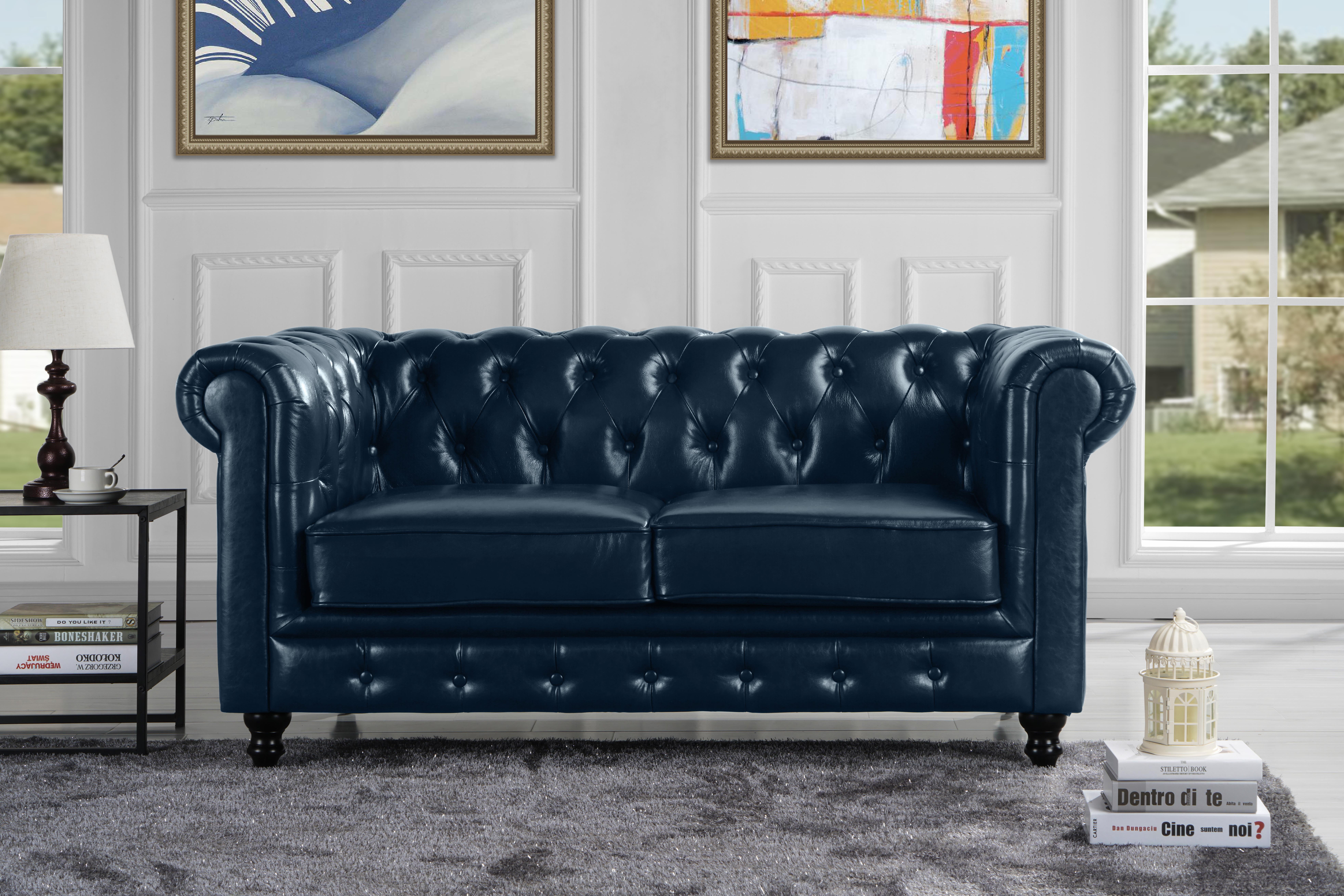 Classic Real Italian Leather Chesterfield Loveseat, Blue
