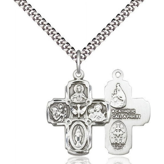 Extel Large Silver Filled Traditional Catholic 5-Way Cross Cruciform Pendant with 24" chain with Miraculous Medal, St. Joseph, St. Christopher and Sacred Heart, Made in USA