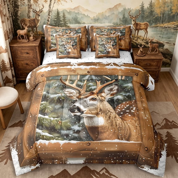 Castle Fairy Vintage Wildlife Deer 7-Piece Twin Bedding,Snow Rustic Animal Bedding Comforter Set,Warm Brown White,Reversible