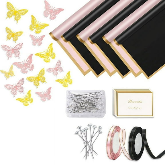 200Pcs Flower Wrapping Paper Kit, 40 Sheets Waterproof Flower Wrapping Paper, Black & Pink Floral Bouquet