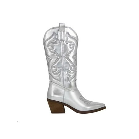 

Tenmix Women Mid Calf Boots Pointed Toe Western Boot Chunky Heel Cowgirl Shoes Embroidered Winter Shoe Walking Casual Non-Slip Silver 5
