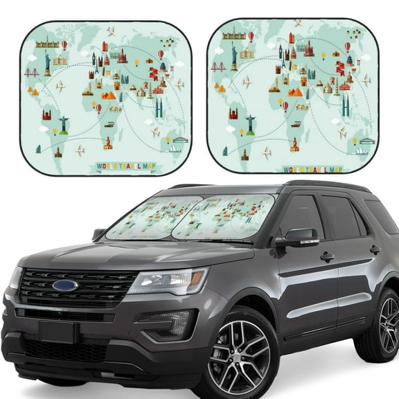 Naloa World Travel Map 2 Piece Foldable Car Sun Shades, Car Windshield Sunshade, Front Window Sunshade for Car, Truck, SUV - Small