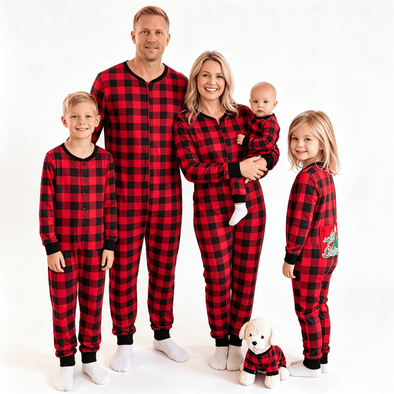 RUINIXCW Christmas Family Pajamas Matching Set Xmas Outfit Holiday Jammies Plaid Romper Back Button Flap Jumpsuit for Adult Women Men Kids Baby